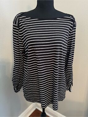 Michael Kors Black and White Striped Long-Sleeve Boatneck Top